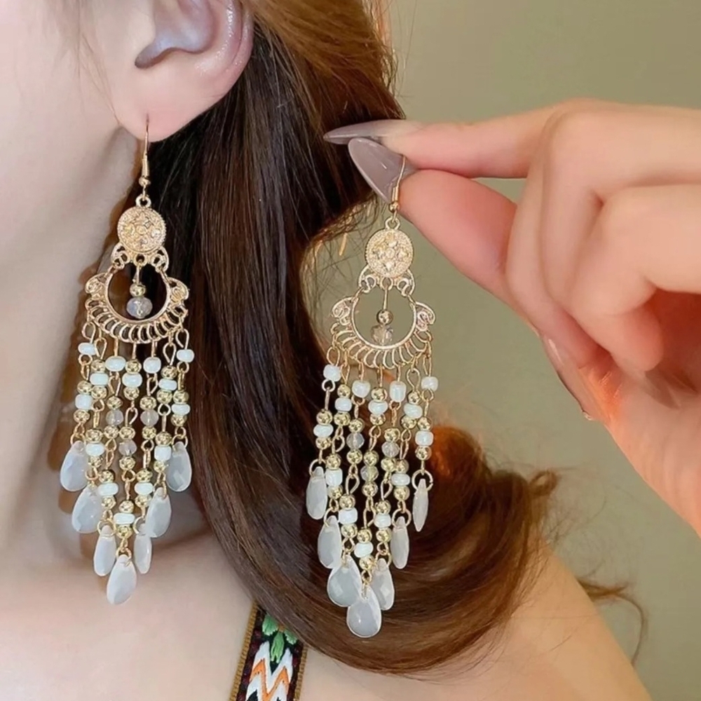 Chandelier Earrings White Crystal Beads Gold Tone